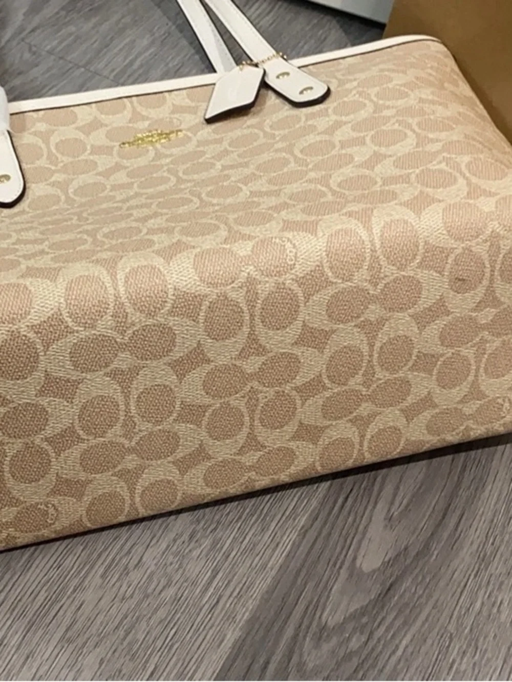 Coach Beige and White Signature Logo Tote